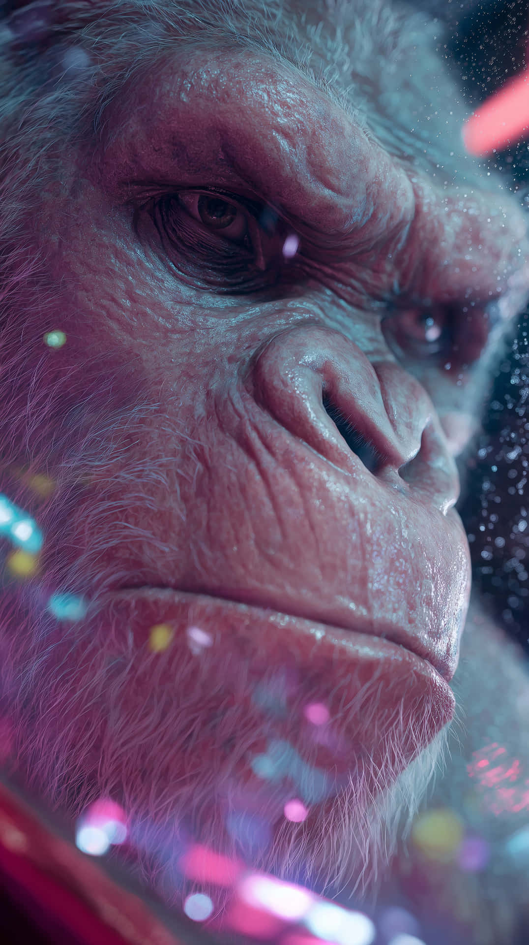 Neon Primate 壁紙 — 近距離拍攝大猩猩強烈的臉部，帶有發光的霓虹燈光和漂浮粒子，背景為賽博龐克風格。