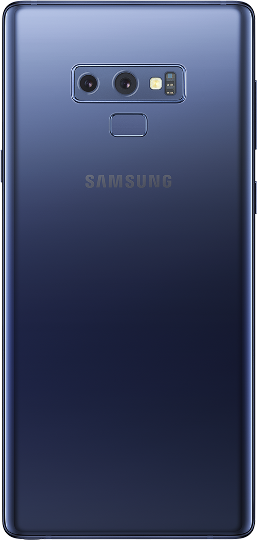 三星 桌布 壁紙 — 近距離拍攝時尚藍色 Samsung 智慧型手機背面，配備雙鏡頭和指紋感應器。