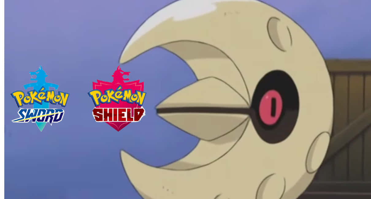 寶可夢 桌布 壁紙 — 近距離拍攝的 Pokémon Lunala，在藍天下有發光的粉紅色眼睛，並帶有 Pokémon Sword and Shield 標誌。