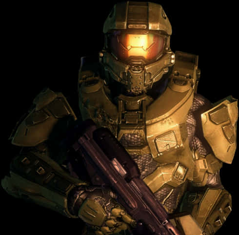 藝術 桌布 壁紙 — 近距離拍攝的Master Chief，身穿標誌性金色盔甲，手持步槍，背景為黑色。