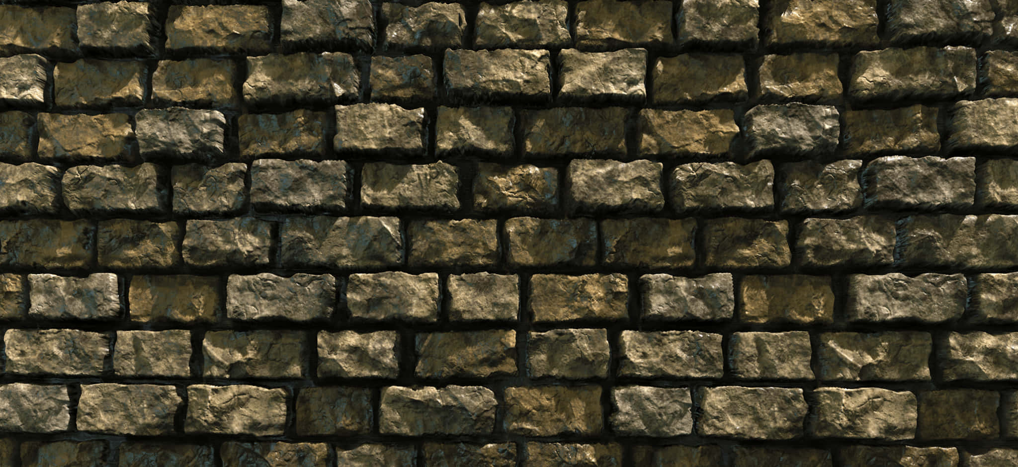 Brick 桌布 壁紙 — 近距離拍攝的堅固石牆，帶有各種大地色調和粗糙紋理，在溫暖燈光下。