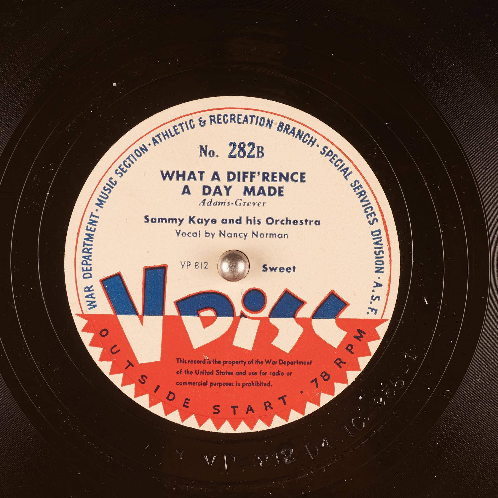 Retro 桌布 壁紙 — 近距離拍攝的復古 War Department 78 RPM 唱片標籤，帶有粗體紅、藍和奶油色字體。
