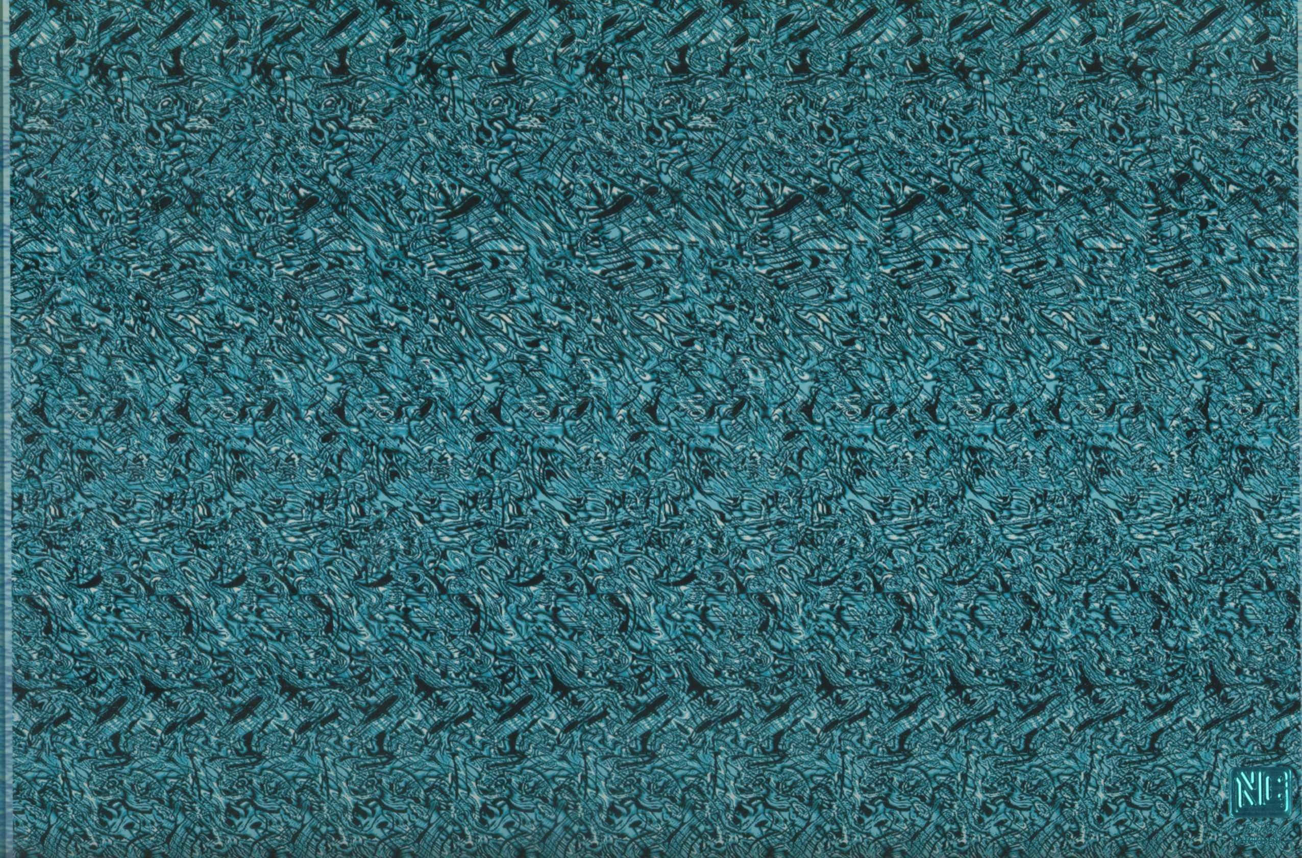 Magic Eye 桌布 壁紙 — 近距離拍攝的質感青綠色布料，帶有複雜的編織圖案和深色點綴。