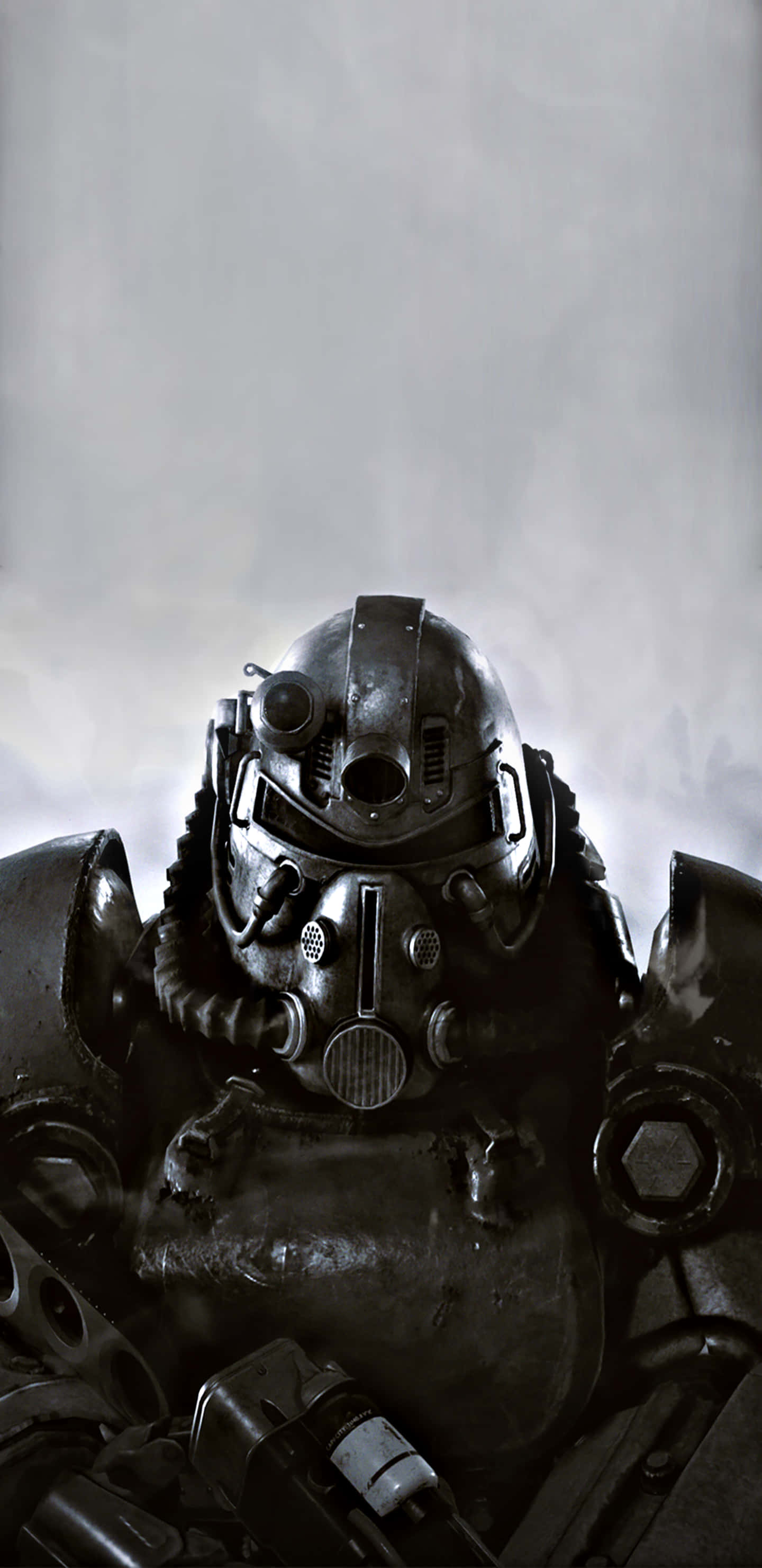 Pixel 3xl Fallout 76 桌布 壁紙 — 近距離拍攝的重型裝甲動力裝甲服，配有頭盔，背景為煙霧灰色。