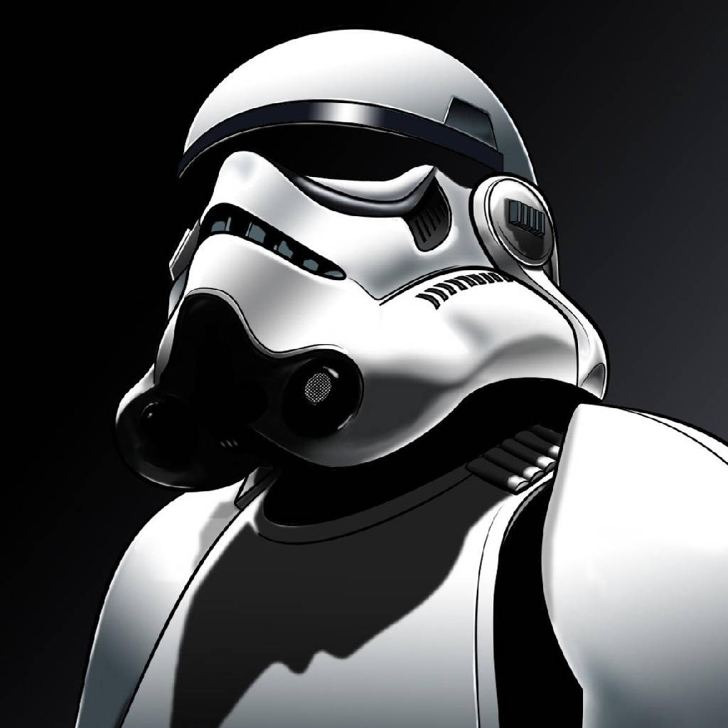Star Wars iPad 桌布 壁紙 — 近距離拍攝的風暴兵頭盔，帶有反光銀色裝甲，背景為深色漸變。