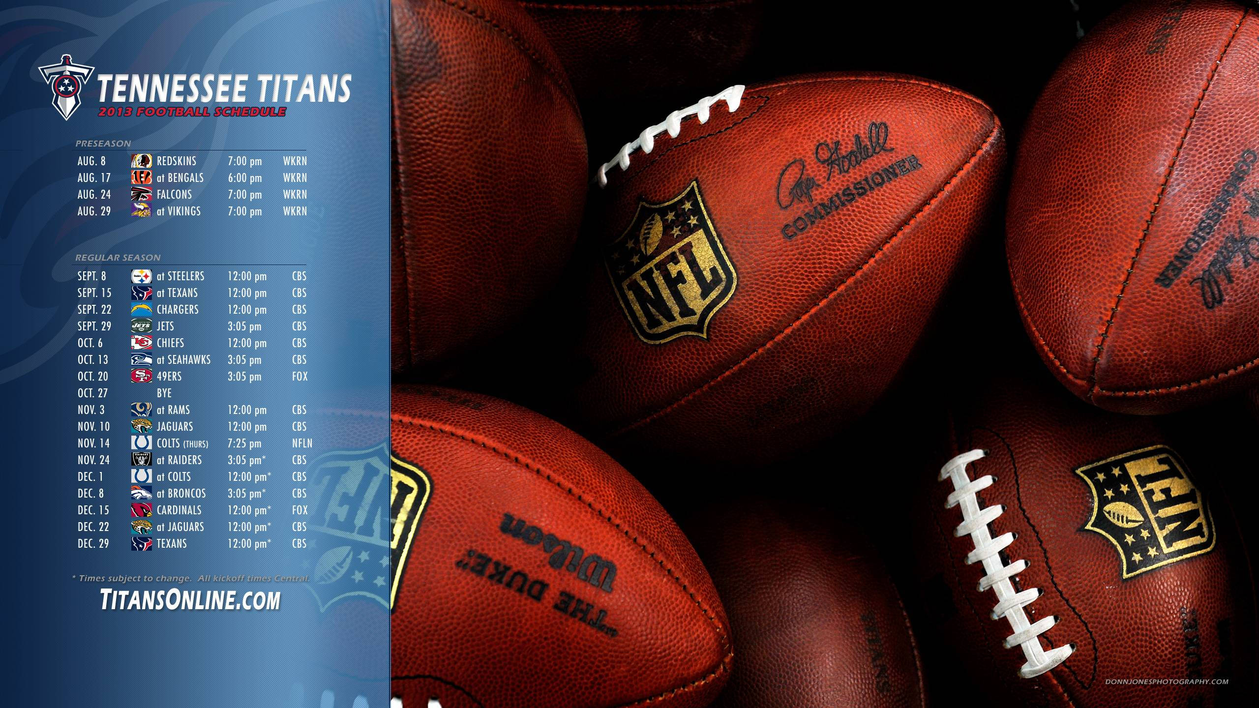 NFL 美式足球 桌布 壁紙 — 近距離拍攝磨損的皮革橄欖球，帶有NFL標誌和鞋帶，旁邊是田納西泰坦2014年賽程圖形。