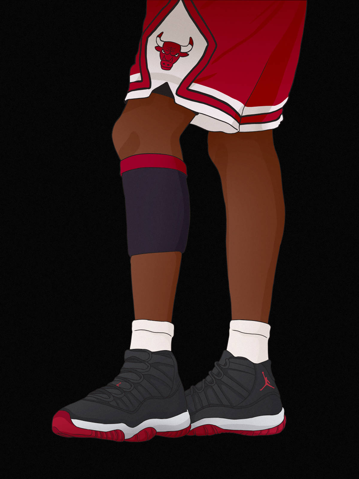 Chicago Bulls 桌布 壁紙 — 近距離拍攝籃球運動員的雙腿，穿著芝加哥公牛隊紅色短褲和黑色 Jordan 11 運動鞋，背景為黑色。