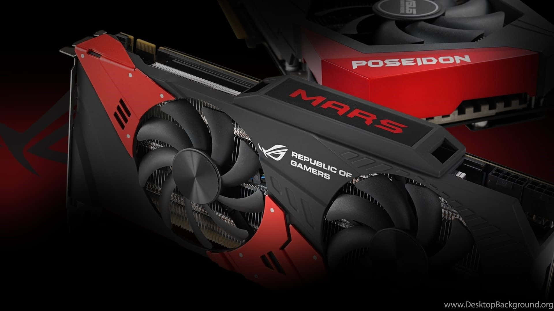 華碩 ROG 桌布 壁紙 — 近距離拍攝紅色和黑色的Republic of Gamers Mars顯示卡，風扇和品牌標誌清晰可見，背景為深色。