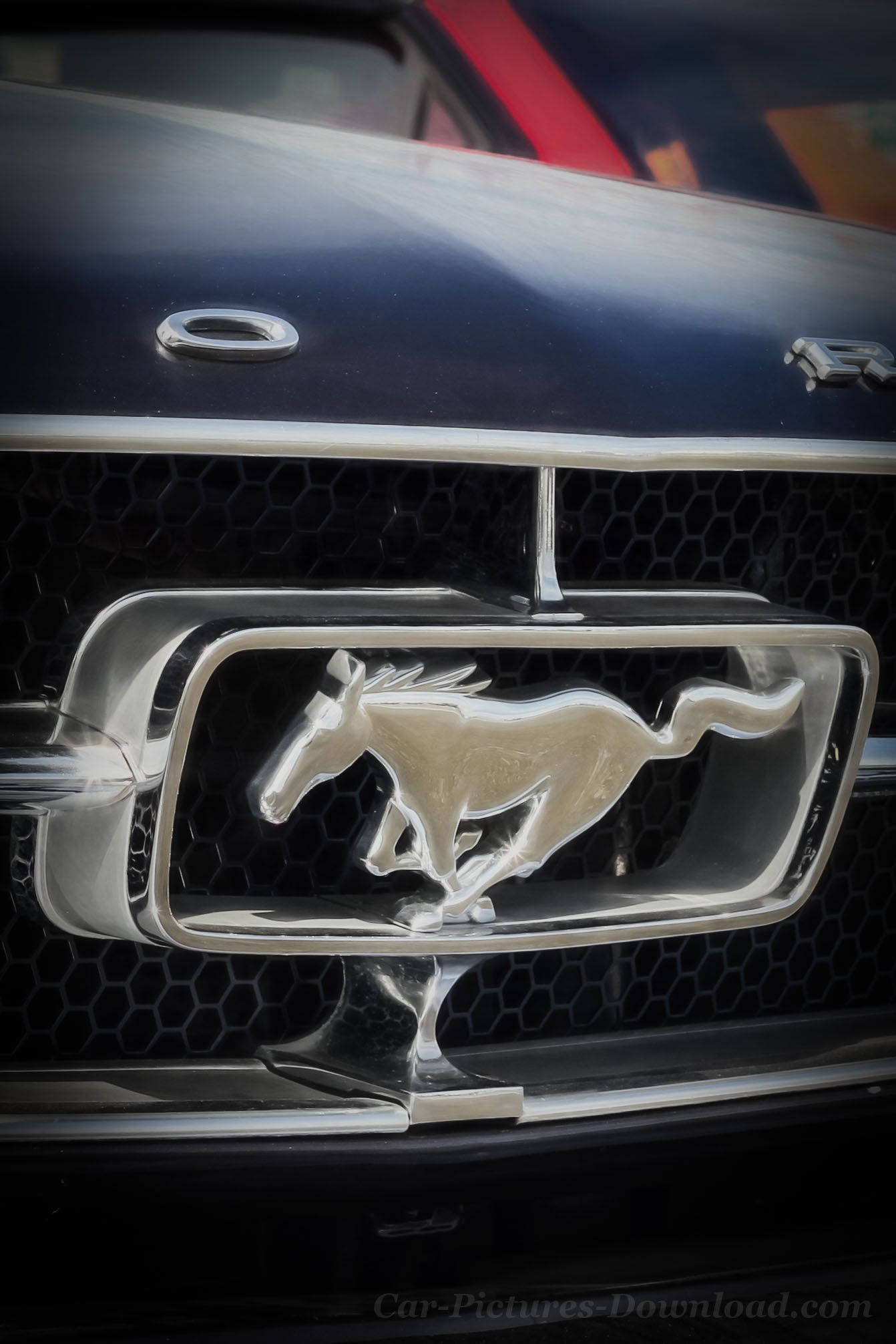 ford iPhone 桌布 壁紙 — 近距離拍攝黑色汽車格柵上帶有六角形圖案的鍍鉻野馬標誌閃閃發光。
