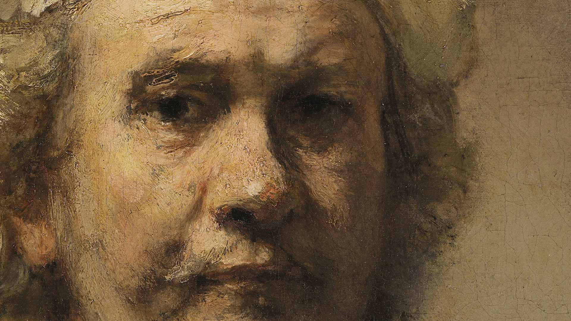 Rembrandt 桌布 壁紙 — 近距離油畫肖像，描繪一名男子，帶有紋理筆觸和溫暖的大地色調。