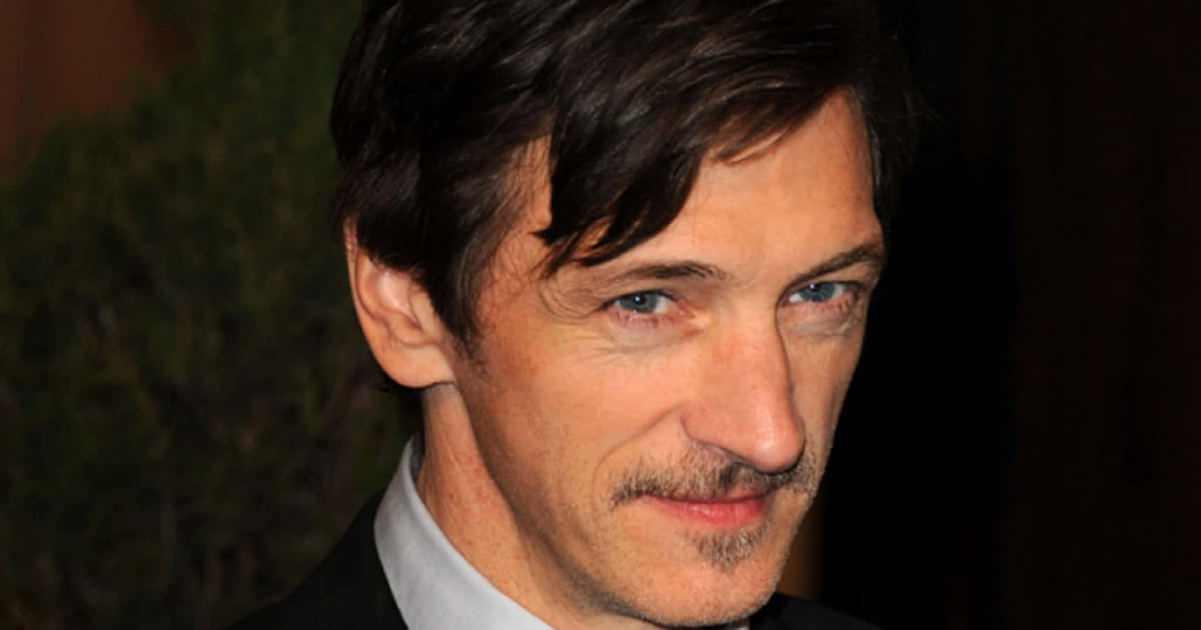 John Hawkes 桌布 壁紙 — 近距離肖像，一名深色頭髮、藍色眼睛的男子穿著西裝打領帶，背景為模糊的綠色。