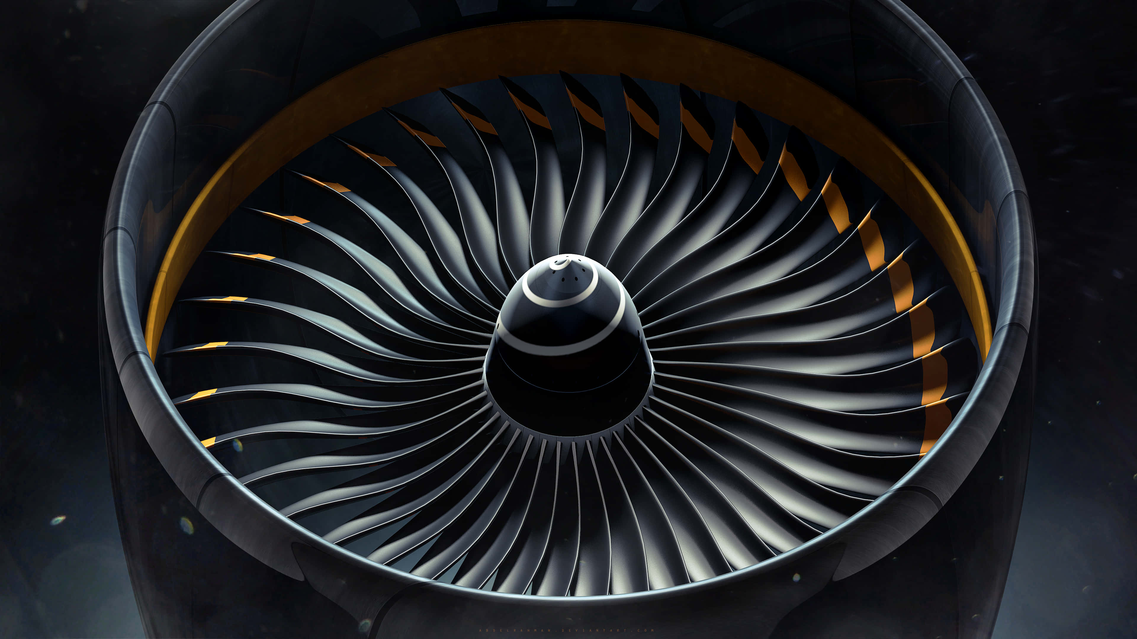 Jet Engine 桌布 壁紙 — 近距離觀看噴射引擎渦輪葉片在黑暗背景下發出溫暖的光芒。