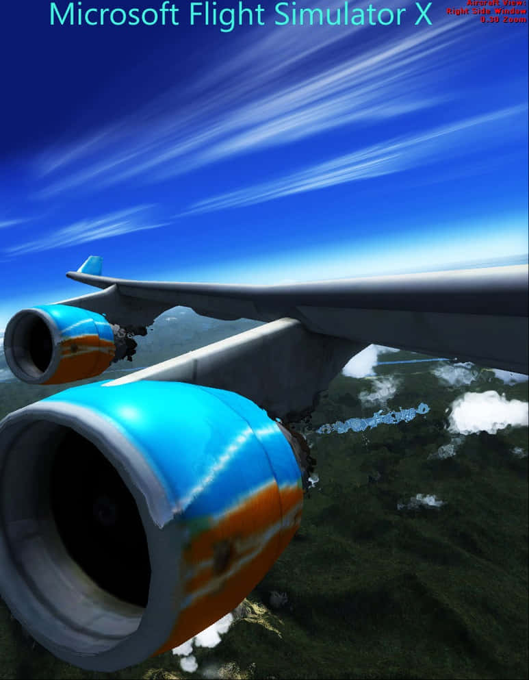 Android Microsoft Flight Simulator 桌布 壁紙 — 近距離觀看色彩繽紛的飛機引擎和機翼，在湛藍天空下翱翔於翠綠森林和白雲之上。