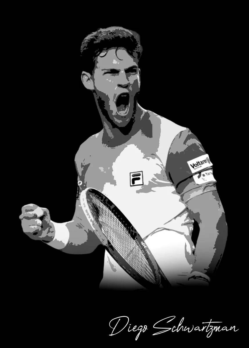 桌布 壁紙 — 迪亞哥·舒瓦茲曼（Diego Schwartzman）的風格化黑白插圖，他握緊球拍，發出勝利的咆哮。