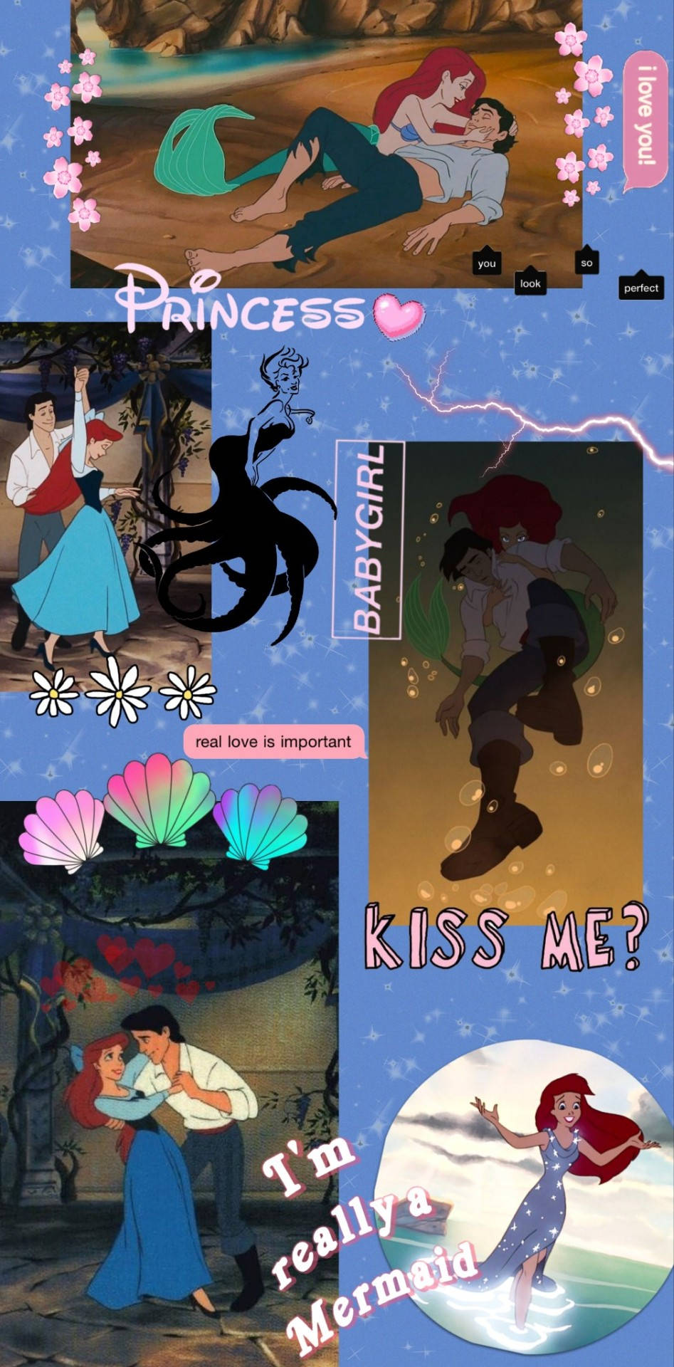 桌布 壁紙 — 迪士尼《小美人魚》場景的拼貼畫，展示艾莉奧和艾力王子在浪漫時刻並帶有文字疊加。