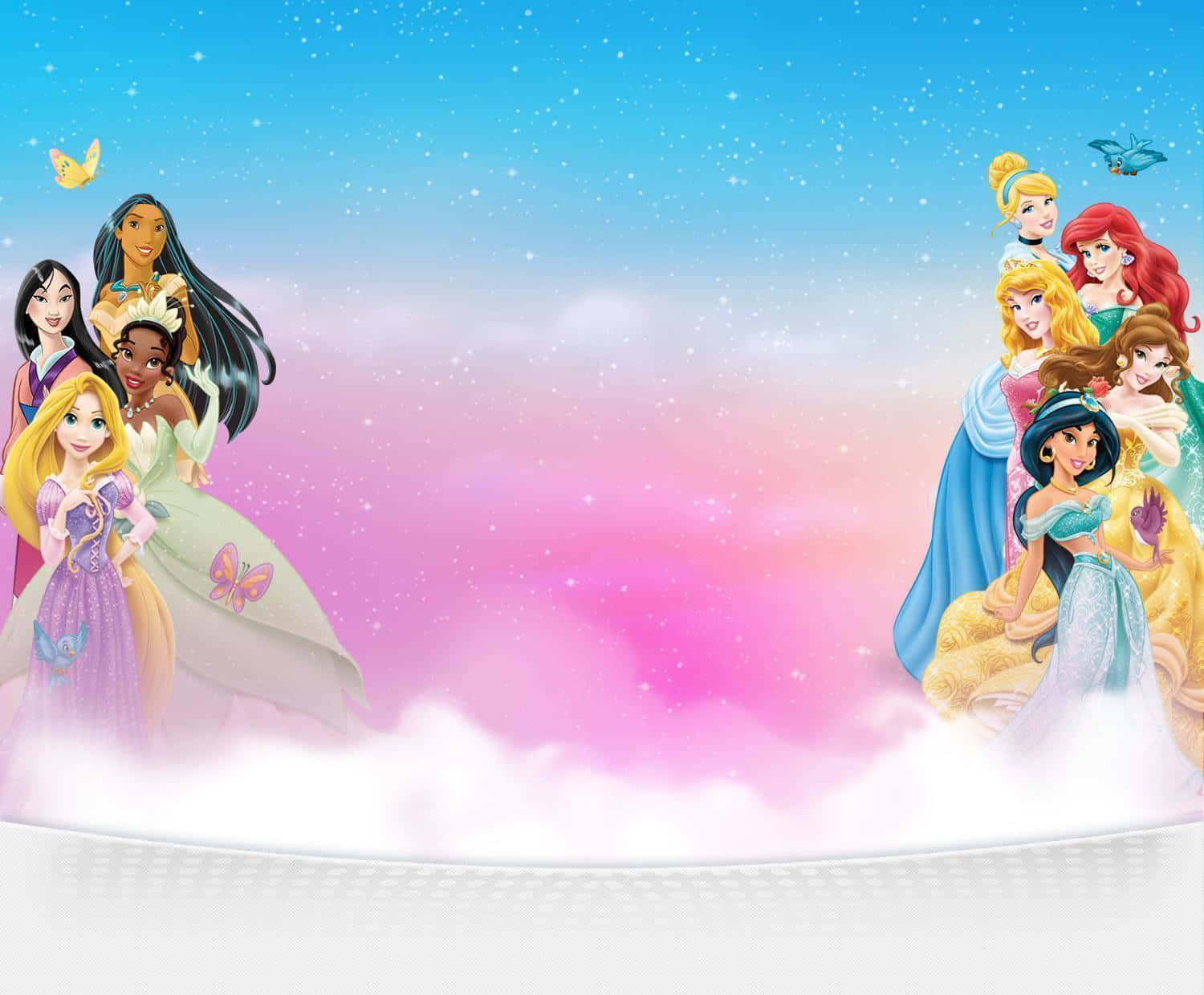 Princess 桌布 壁紙 — 迪士尼公主們在閃爍的粉彩天空背景下優雅地漂浮在雲端上，蝴蝶在她們周圍翩翩起舞。