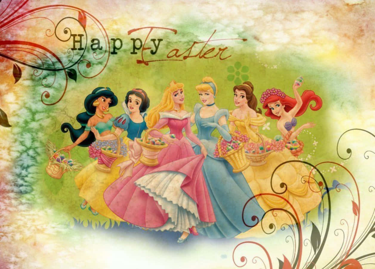 Snow White 桌布 壁紙 — 迪士尼公主們身穿色彩繽紛的禮服，手持復活節籃子，在夢幻花卉背景前歡樂地遊行。