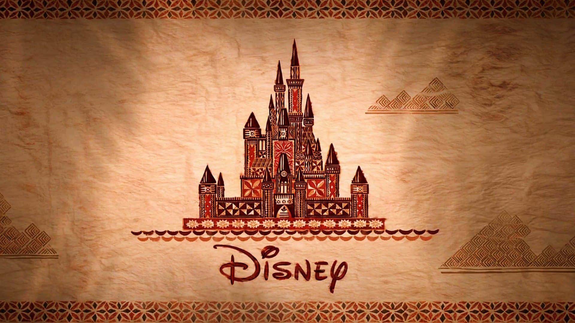 1920x1080 Disney 桌布 壁紙 — 迪士尼城堡以複雜的紅棕色部落圖案呈現在有紋理的羊皮紙上，並帶有裝飾邊框。
