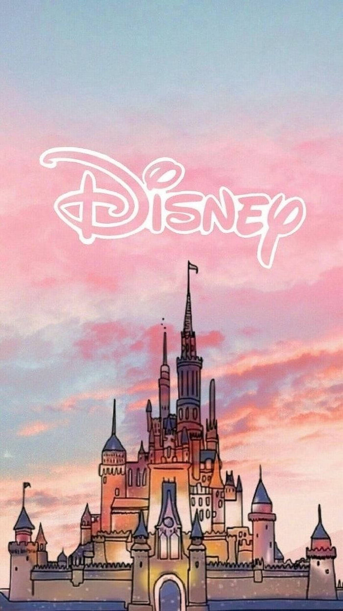 Disney Logo 桌布 壁紙 — 迪士尼城堡剪影，背景是柔和的粉紅和藍色黃昏天空，上方有發光的迪士尼標誌。