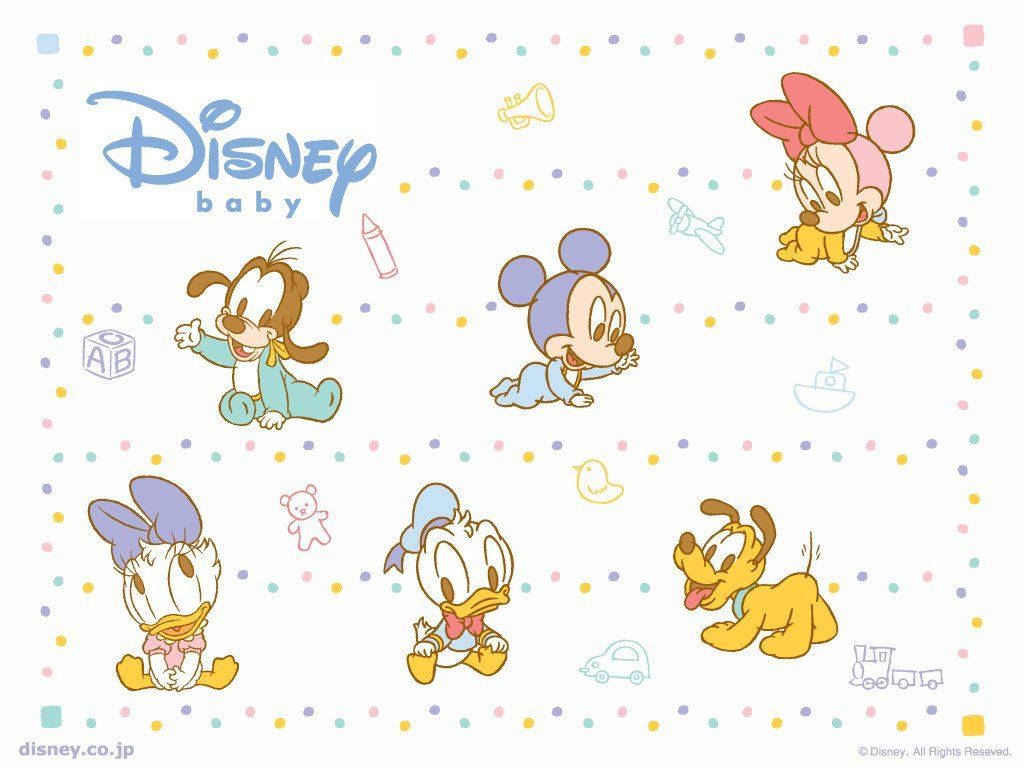 pluto 桌布 壁紙 — 迪士尼嬰兒角色如米奇、米妮和高飛在粉彩圓點背景上玩玩具。