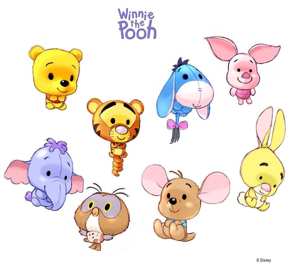 winnie the pooh 桌布 壁紙 — 迪士尼小熊維尼的Q版角色，包括小豬、屹耳和跳跳虎，以歡樂的群組排列。