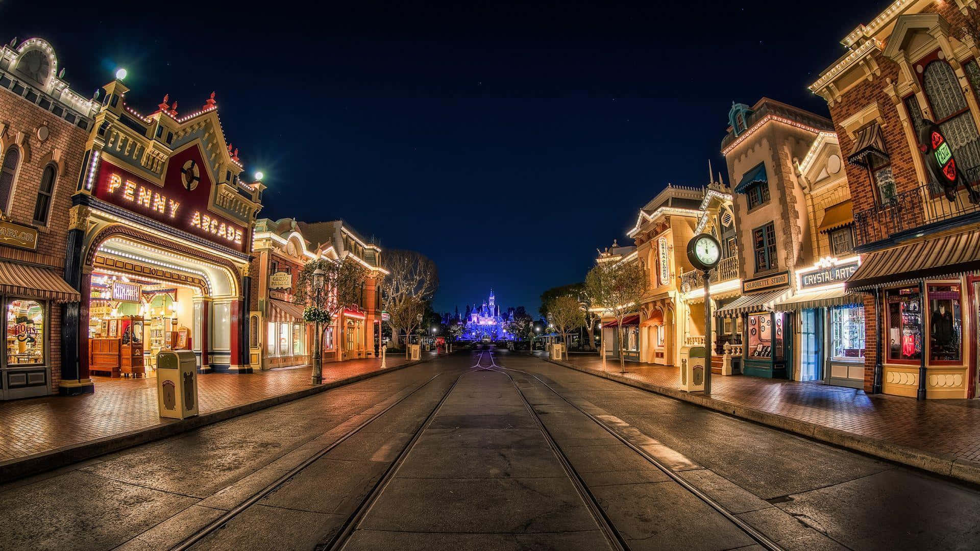 Disneyland 桌布 壁紙 — 迪士尼樂園充滿活力的夜晚街道，閃爍的霓虹燈牌和遠處的城堡。