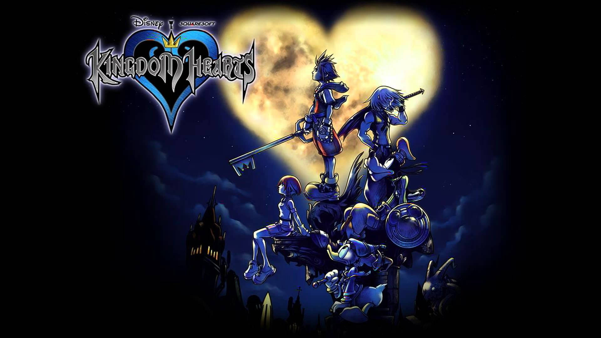 Kingdom Hearts 桌布 壁紙 — 迪士尼王國之心角色站在黑暗城堡剪影上，背景是星夜中發光的心形月亮。