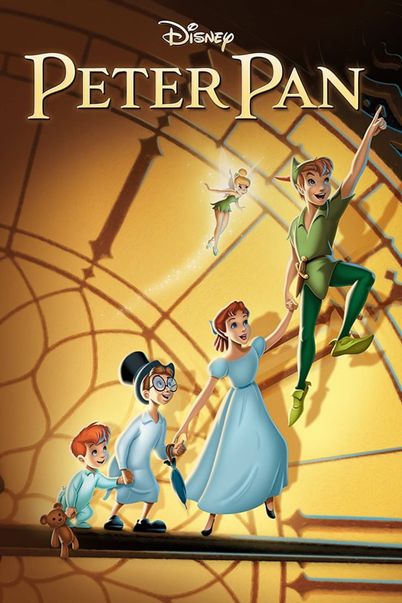 Peter Pan 桌布 壁紙 — 迪士尼的彼得潘與溫蒂和她的兄弟們在金色時鐘機械背景下快樂跳躍，小叮噹在上方發光。