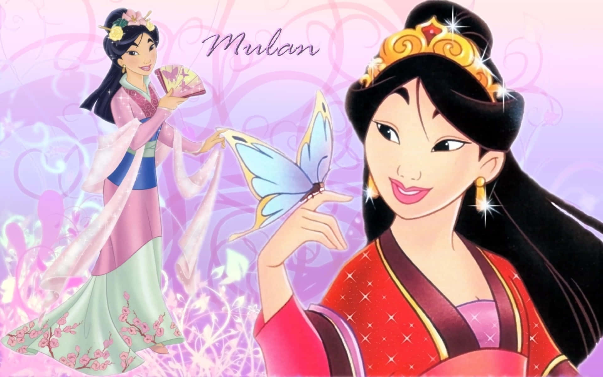 Mulan 桌布 壁紙 — 迪士尼的花木蘭穿著鮮豔的傳統長袍，在旋轉的粉紅色和紫色花卉背景中，輕輕觸摸一隻發光的蝴蝶。