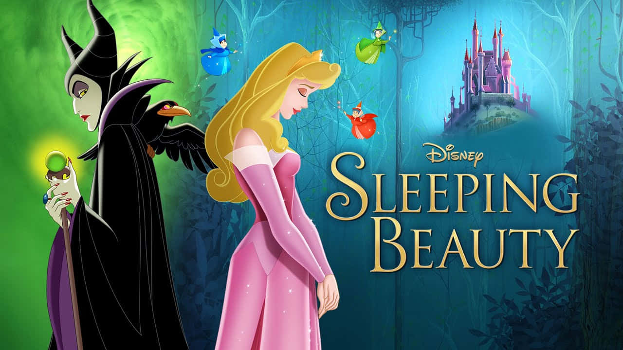 sleeping beauty 桌布 壁紙 — 迪士尼睡美人海報顯示奧蘿拉公主身穿粉紅色禮服，面對身穿黑色斗篷的梅菲瑟，城堡和仙女在魔法森林中。