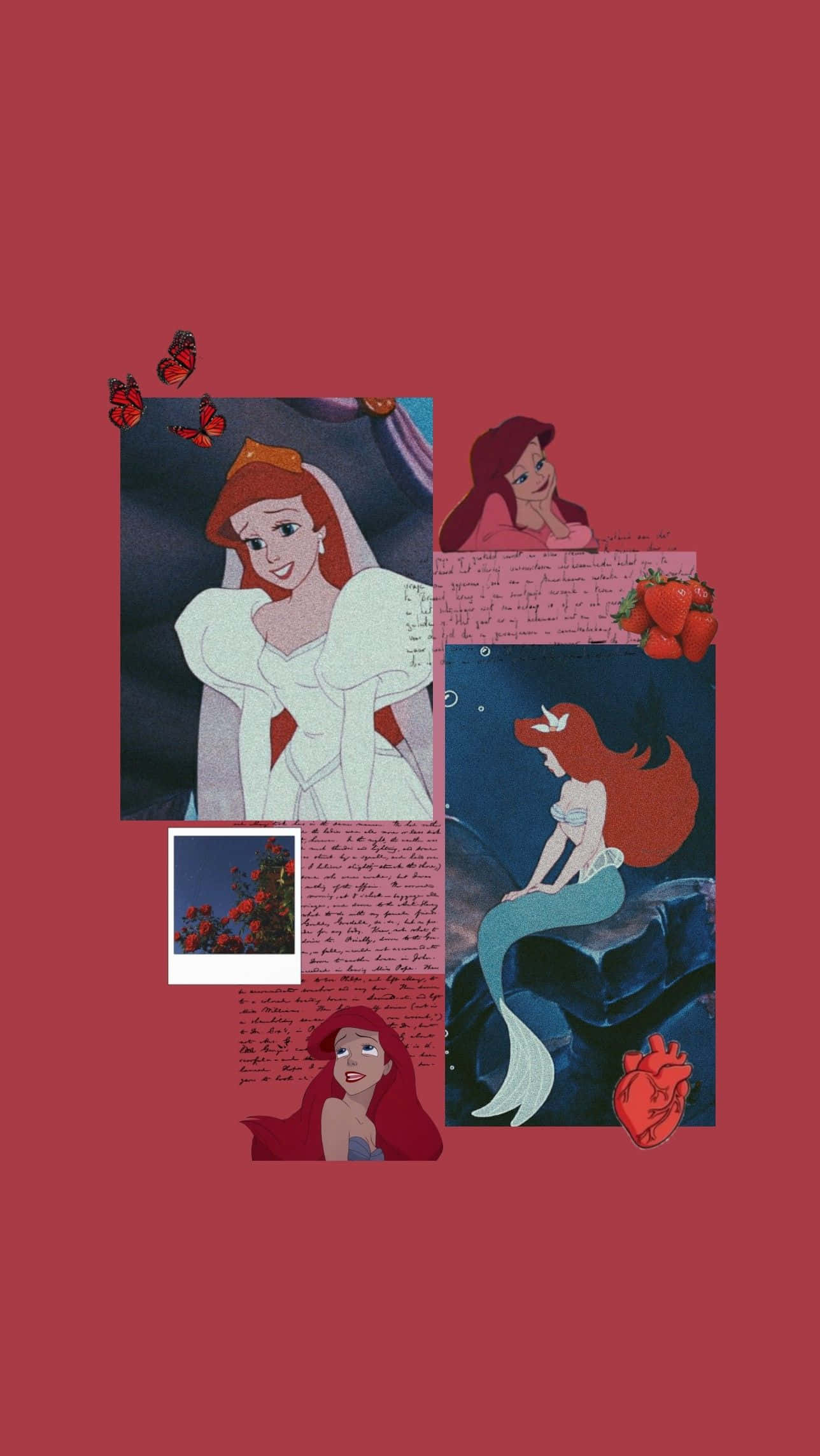 Aesthetic Disney 桌布 壁紙 — 迪士尼艾莉兒在不同場景中的拼貼畫，以純紅色背景搭配手寫筆記和草莓。