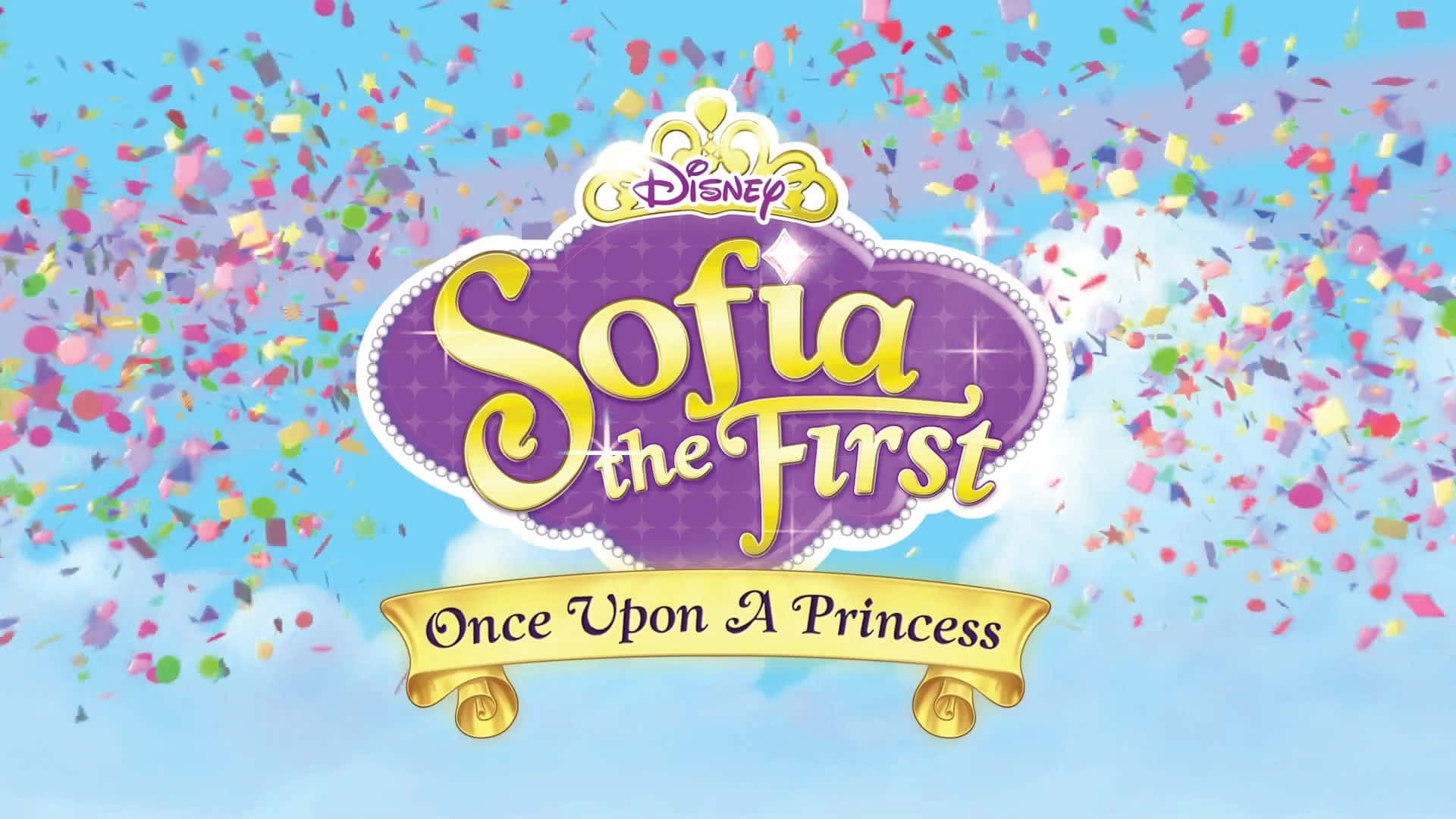 Sofia The First 桌布 壁紙 — 迪士尼蘇菲亞公主標誌在柔軟雲朵襯托下，於灑滿彩色紙屑的天空中閃耀。