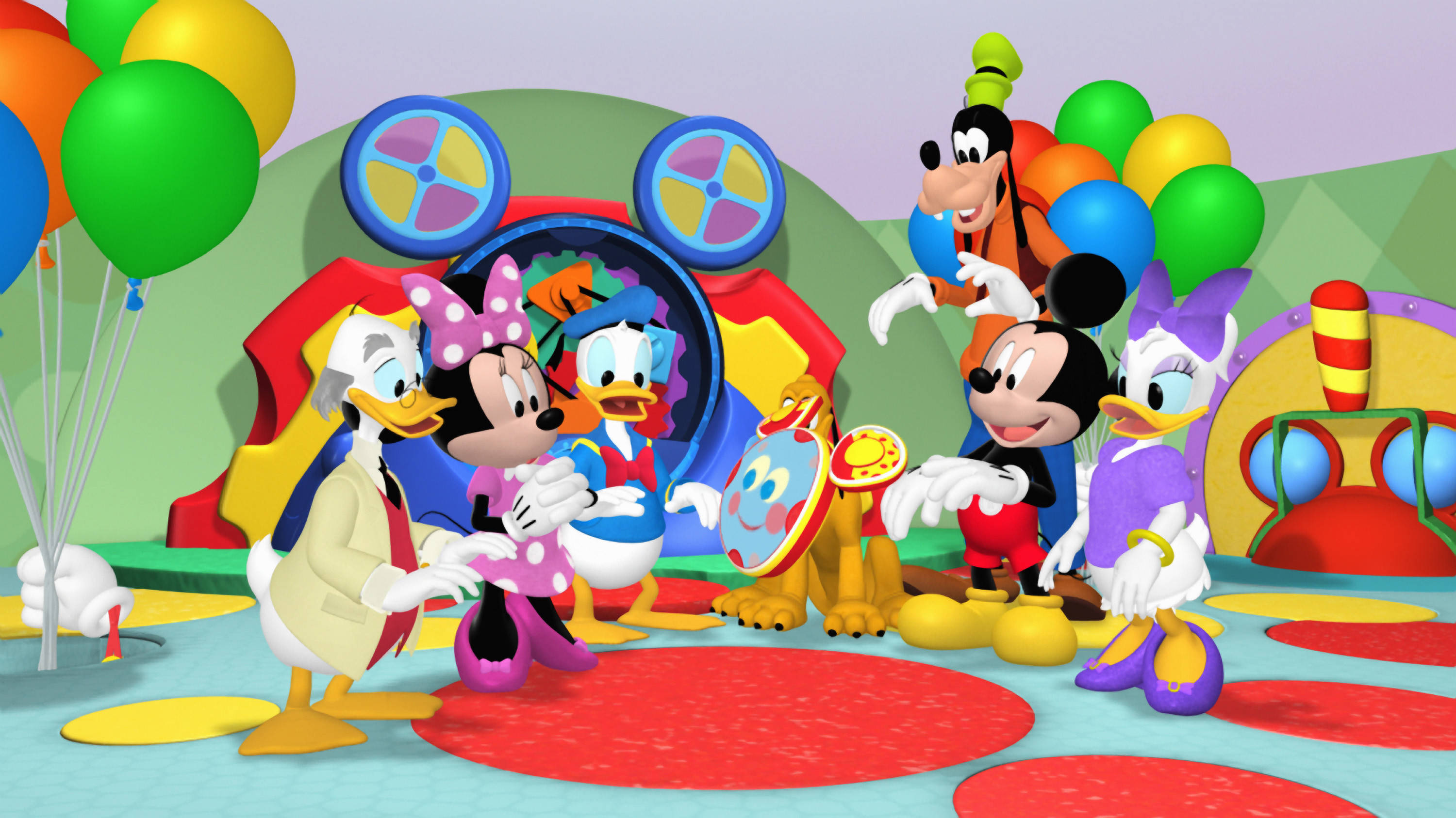派對 桌布 壁紙 — 迪士尼角色在充滿活力的卡通遊戲室中用氣球和色彩繽紛的玩具慶祝。