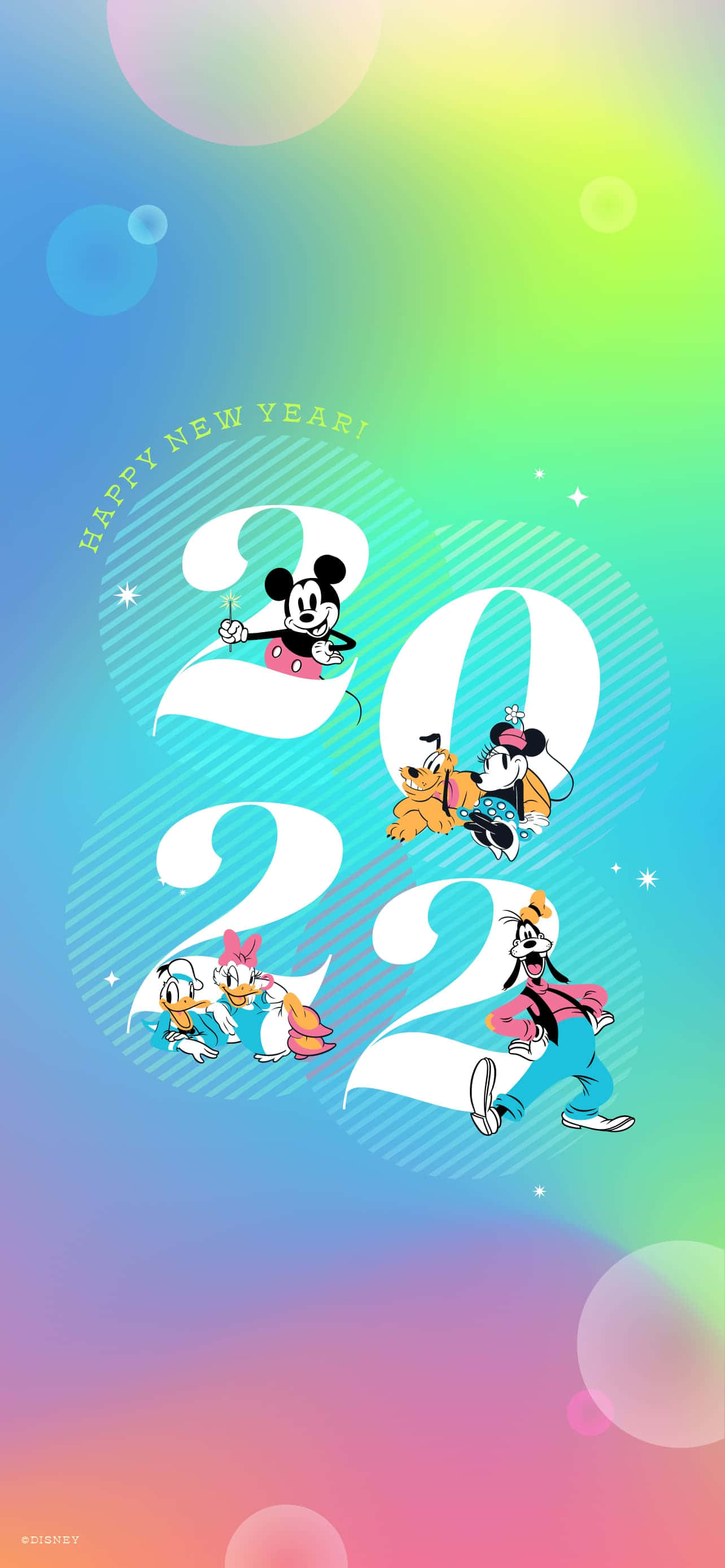 Happy New Year 2022 桌布 壁紙 — 迪士尼角色在充滿活力的彩虹漸變背景上，以節日氣氛慶祝2022年新年。