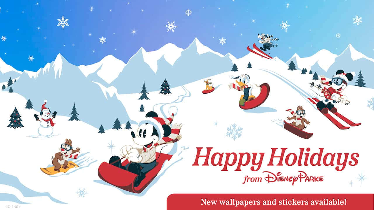 米奇 桌布 壁紙 — 迪士尼角色在星空藍天下，在雪山上開心地玩雪橇、滑雪和滑雪板。