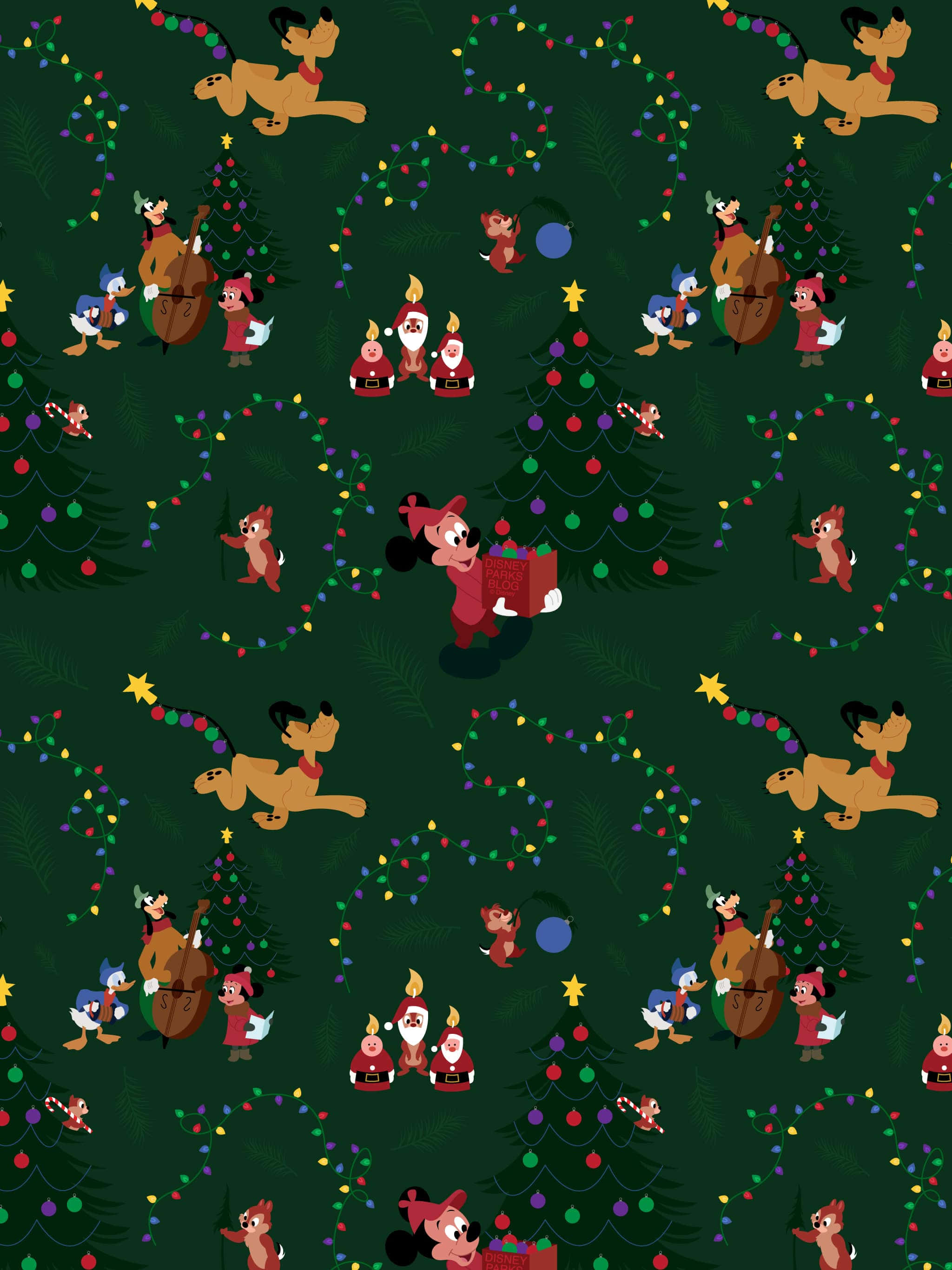 Disney Christmas iPad 桌布 壁紙 — 迪士尼角色在深綠色背景下，以裝飾樹木、彩色燈光和節日歡樂慶祝聖誕節。