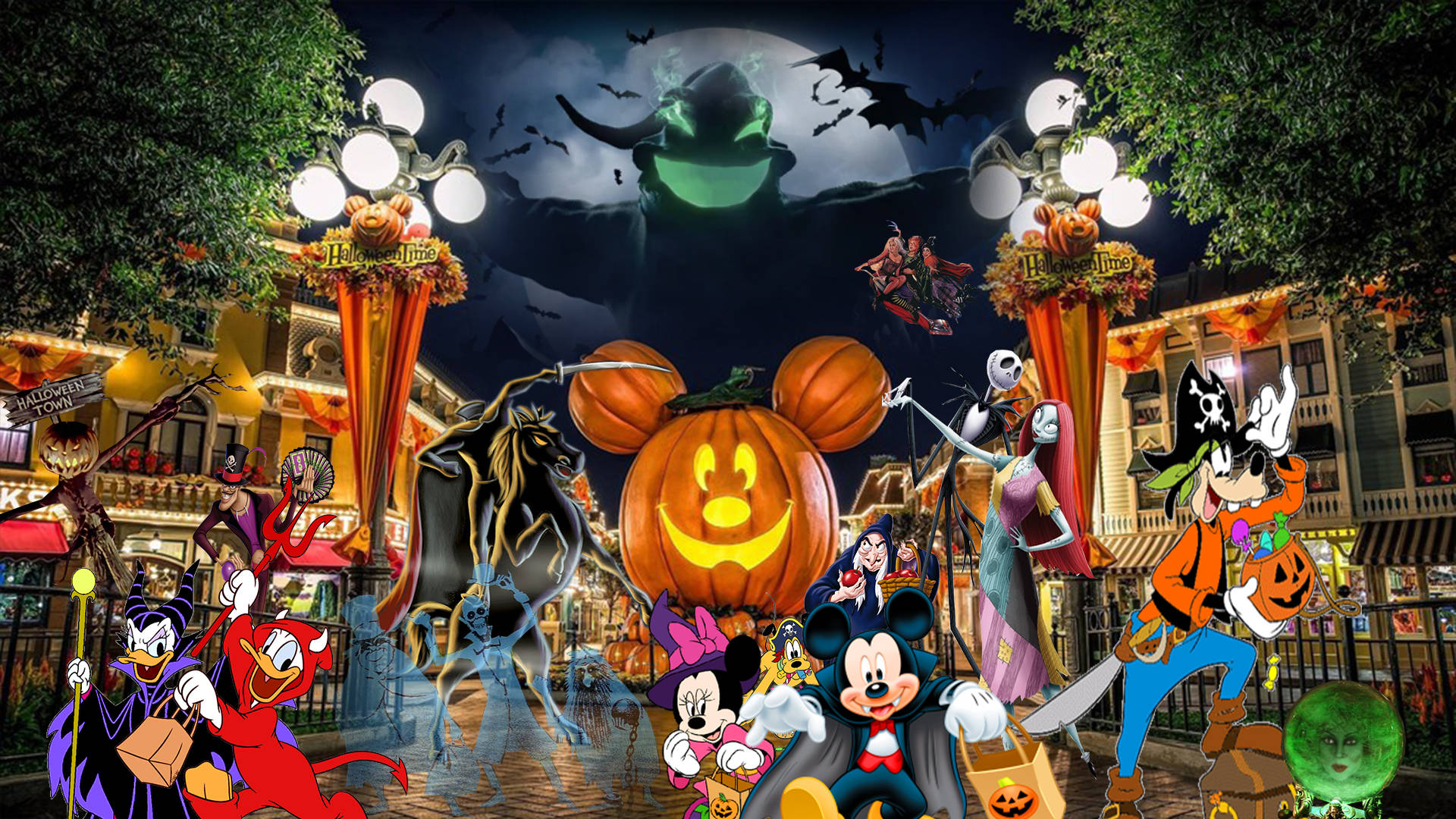 Cute Disney Halloween 桌布 壁紙 — 迪士尼角色在發光的月亮下，與南瓜、蝙蝠和詭異的街道裝飾一起慶祝萬聖節。