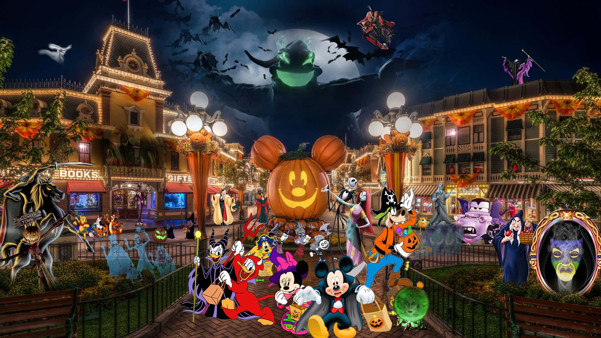 Disney Halloween 桌布 壁紙 — 迪士尼角色在發光的月亮下慶祝萬聖節，場景中有恐怖裝飾和飛翔的蝙蝠，營造出節日氣氛的夜間主題公園場景。