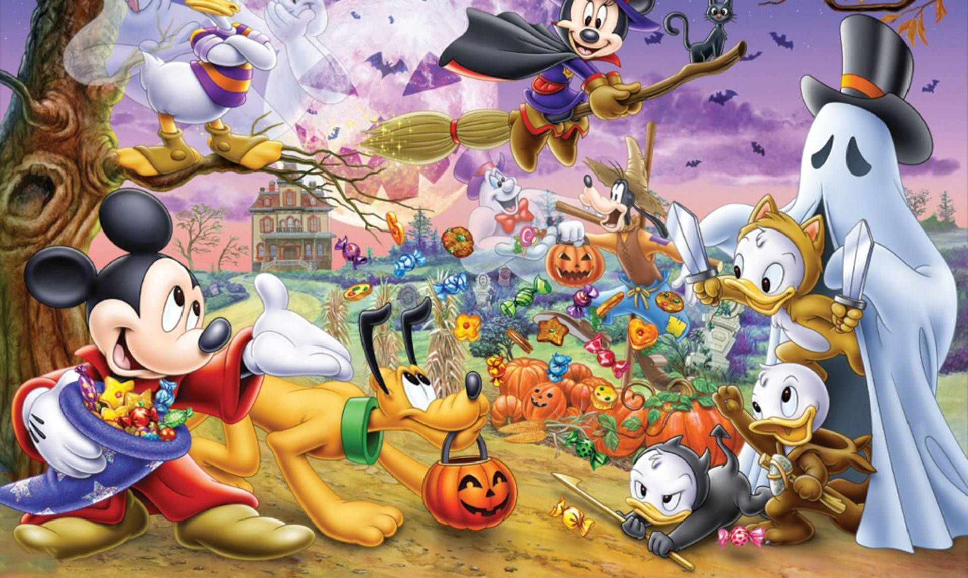 Cute Disney Halloween 桌布 壁紙 — 迪士尼角色在色彩繽紛的恐怖庭院中與南瓜、鬼魂和女巫一起慶祝萬聖節。