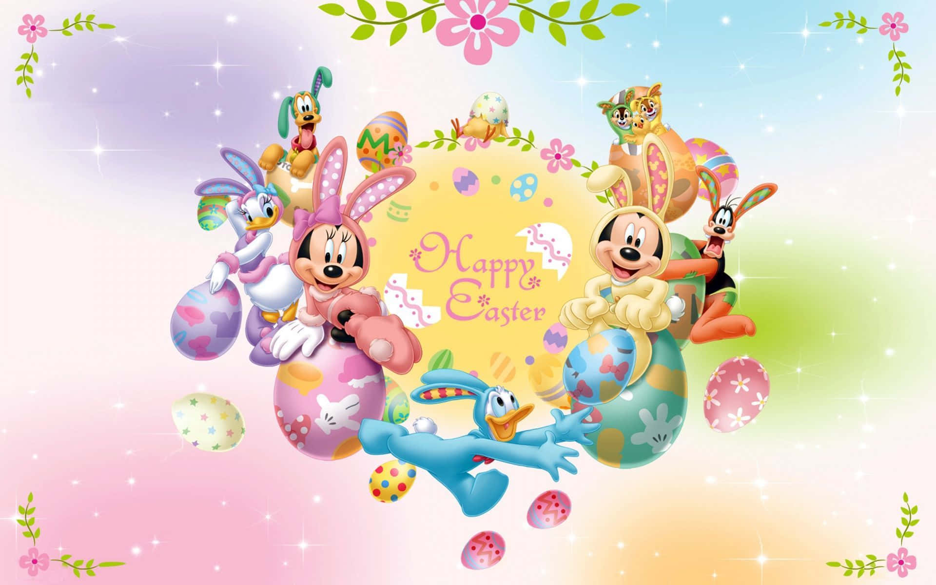 Happy Easter 桌布 壁紙 — 迪士尼角色在閃爍的粉彩天空下，用色彩繽紛的復活蛋和花朵慶祝復活節。