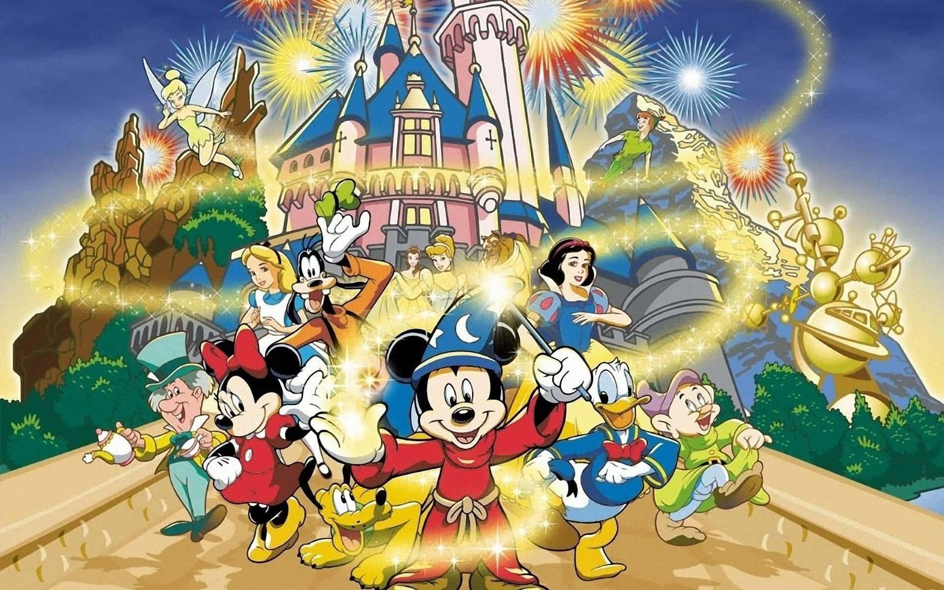 Disneyland 桌布 壁紙 — 迪士尼角色在魔法城堡前歡樂慶祝，伴隨煙火和發光效果。