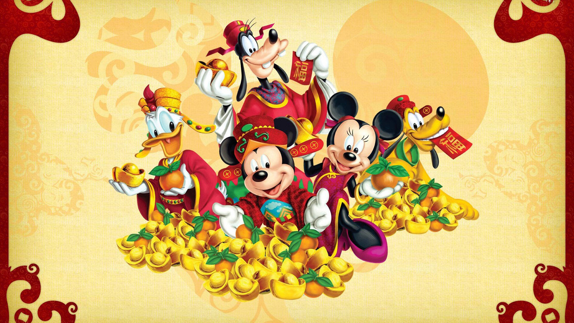 pluto 桌布 壁紙 — 迪士尼角色穿上喜慶的紅色服裝，在金元寶和紅包環繞下慶祝農曆新年。