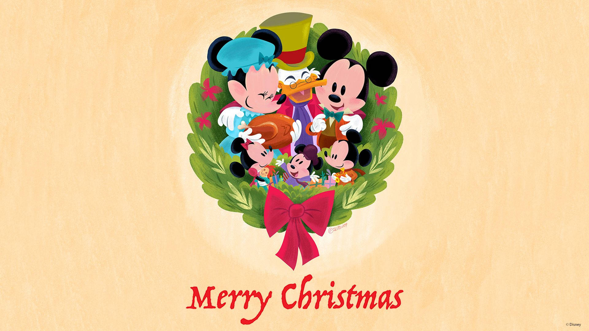 聖誕節 桌布 壁紙 — 迪士尼角色聚集在一個帶有紅色蝴蝶結和「Merry Christmas」文字的節日花環上，背景為溫暖的米色。