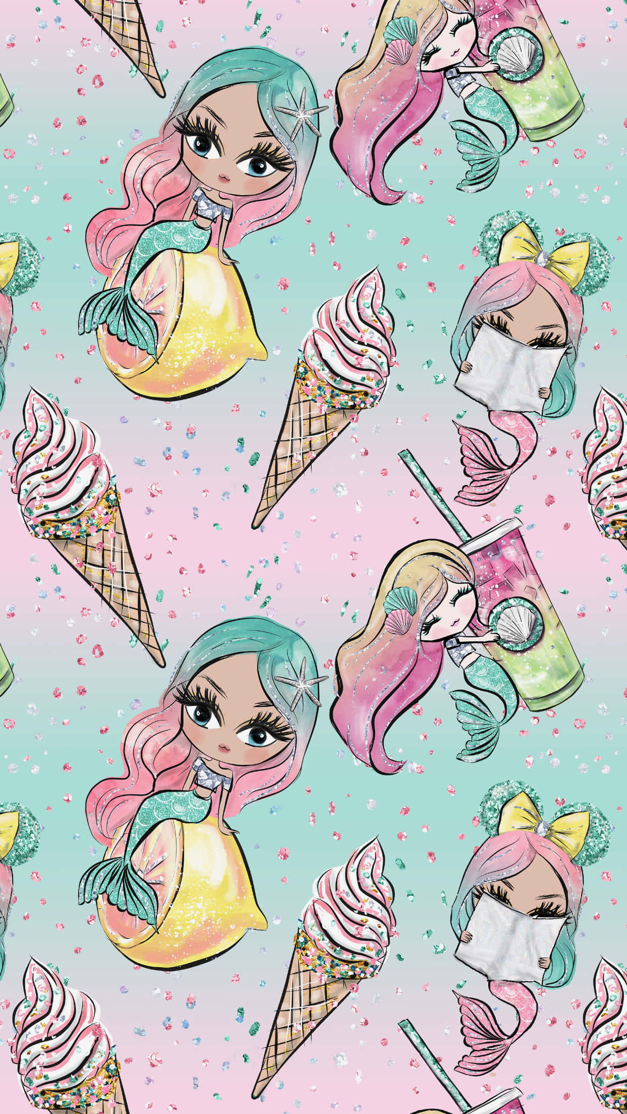 Kawaii Mermaid 桌布 壁紙 — 迷人的卡通美人魚，擁有粉彩髮色和尾巴，在閃閃發光的粉紅色和藍綠色背景下享用冰淇淋和飲料。