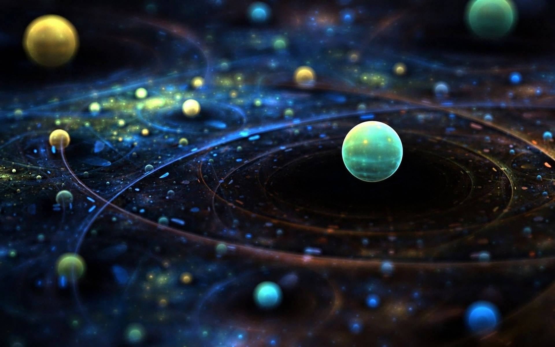 太空 桌布 壁紙 — 迷人的宇宙場景，有發光的行星和旋轉的星雲，呈現深藍色和金色。