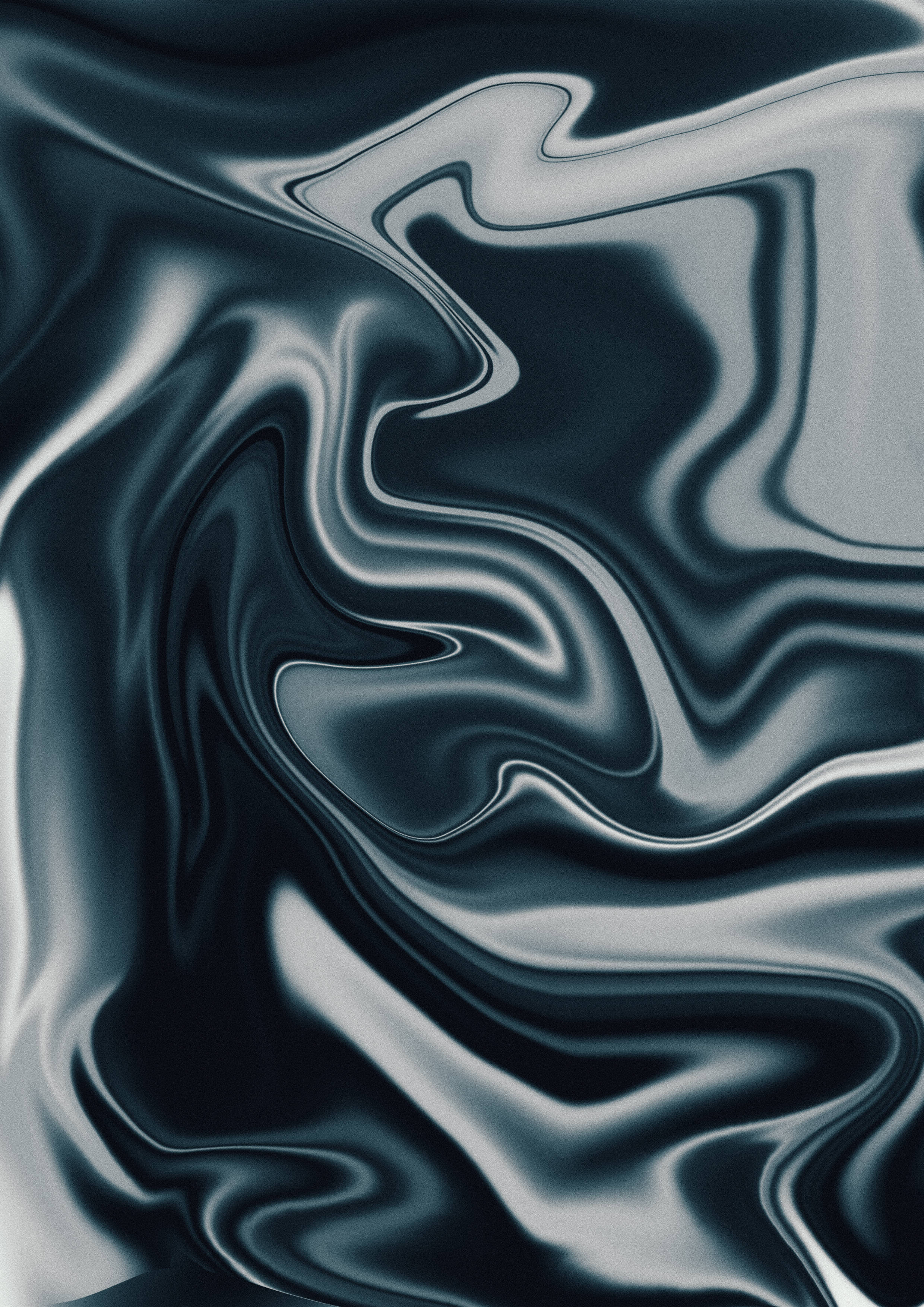 mobile 3d 桌布 壁紙 — 迷人的抽象圖案，呈現流動的深藍色和銀色液體波浪，帶有光澤亮點。