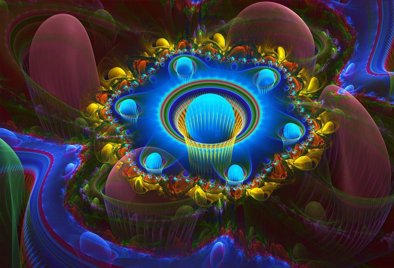 Trippy Neon Lights 桌布 壁紙 — 迷人的數位分形藝術作品散發著發光的藍色球體，周圍環繞著旋轉的洋紅色和金色有機形態。