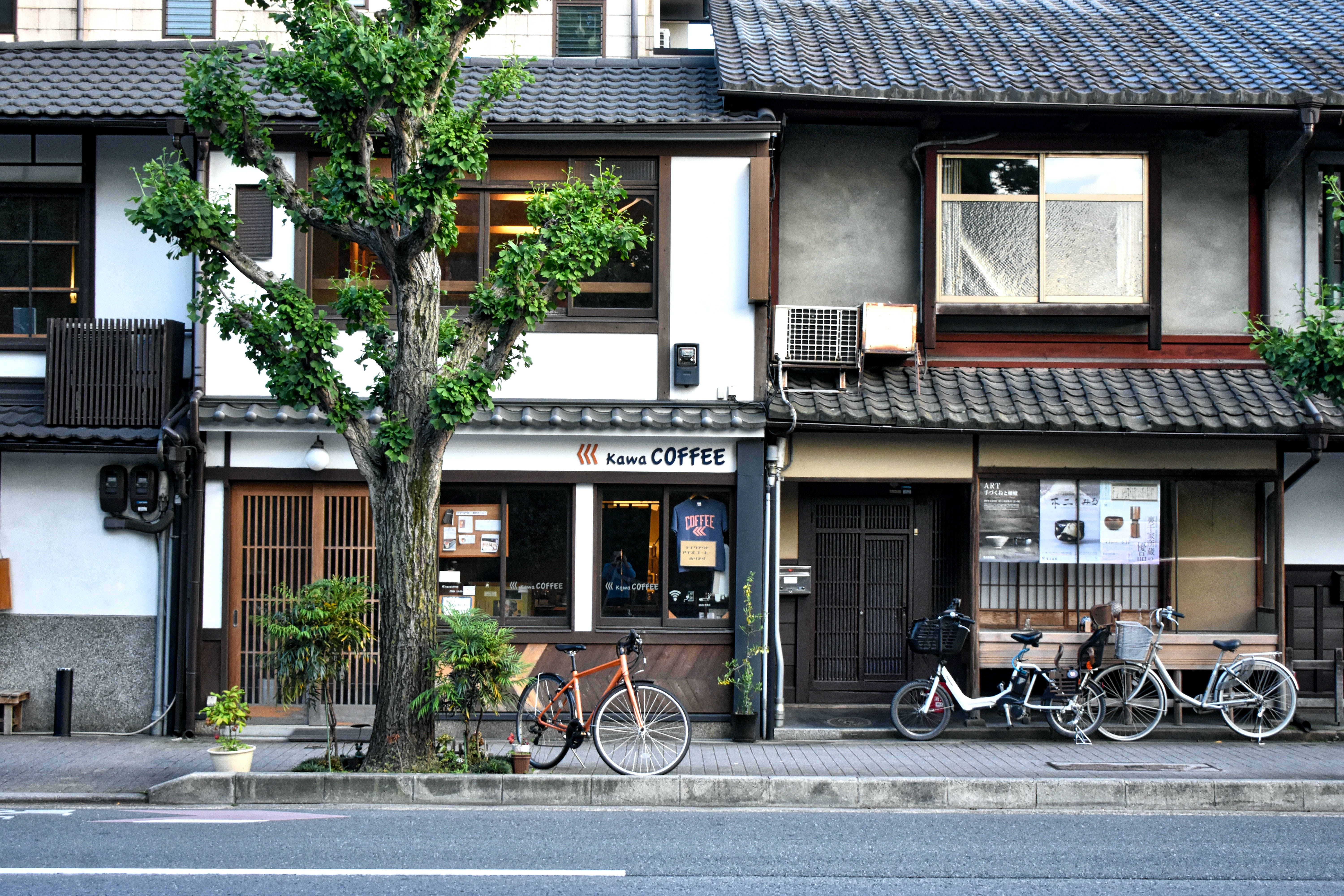 street photography 桌布 壁紙 — 迷人的日本街景，有傳統木造建築、咖啡店和停在枝葉茂密樹下的腳踏車。
