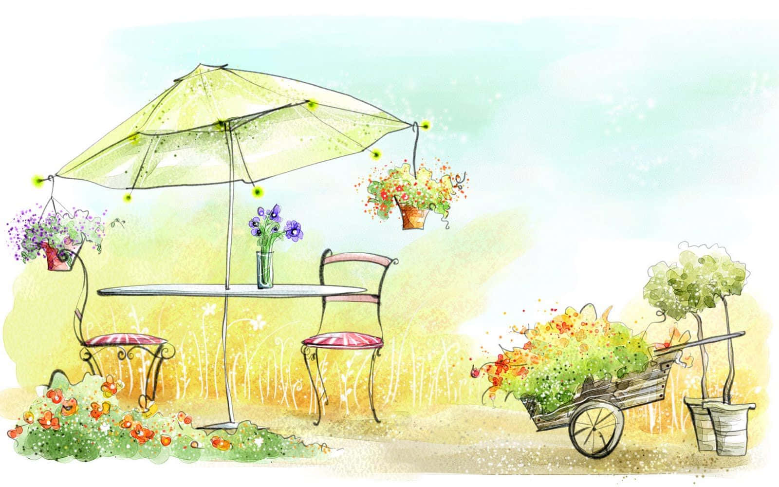 Drawing Desktop 桌布 壁紙 — 迷人的水彩花園場景，一張桌子在綠色遮陽傘下，周圍環繞著鮮豔的花朵和一輛裝滿鮮花的手推車。