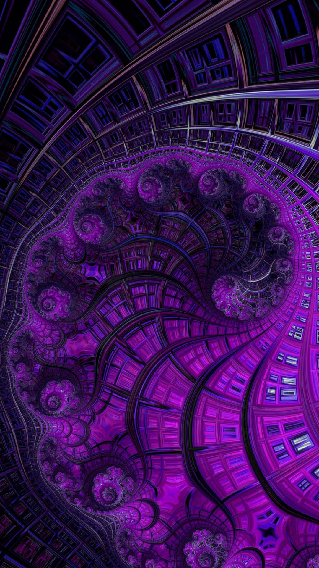 Psychedelic Fractals 桌布 壁紙 — 迷人的紫色碎形螺旋，帶有複雜的幾何圖案和發光高光。